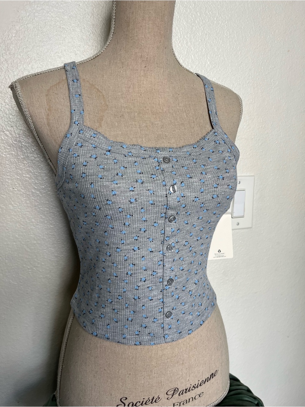 Pink Republic Light Blue Floral Ribbed Button-Front Camisole